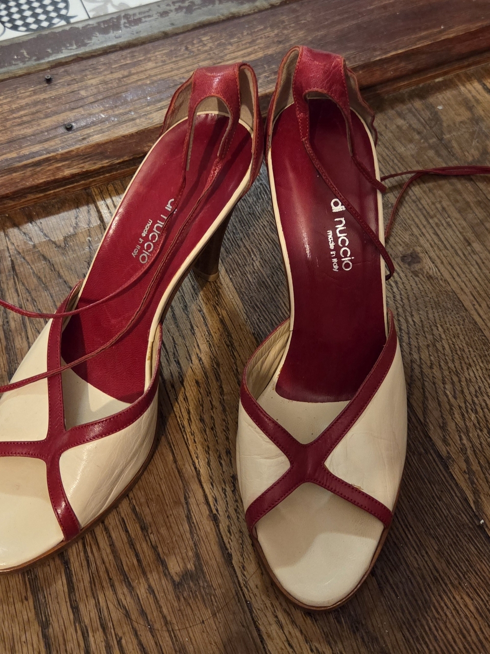 Red & Cream Leather T-Strap Slingback Heels, Made In Italy, 8.5
